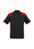 A black polo shirt with red accents on the shoulders and sleeves, featuring a logo on the front.