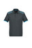 A dark green short sleeve polo shirt featuring blue accents and a patterned shoulder design. It has a branded logo.