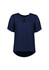 A navy short sleeve blouse with a keyhole neckline and a slight flare at the sleeves, featuring a logo.