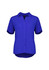 A women's short sleeve blouse in bright blue, featuring a button-up front and a collar. It has a logo.