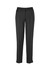 A pair of black slim leg pants with a button closure and pockets, featuring a sleek, tailored design.