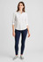 A woman stands wearing a white shirt and navy high-rise pull-on leggings, paired with grey shoes. The image includes a logo.