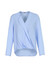 A light blue women's hi-lo blouse with a wrap design and long sleeves, featuring a soft fabric finish.