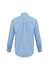 A light blue long sleeve button-up shirt with a back pleat and cuffed sleeves. Features a logo.