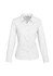 A white button-up shirt with long sleeves and a collar, featuring a front button placket and a logo on the label.