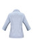 A light blue women's button-up shirt with 3/4 sleeves and a collar, featuring a logo on the back.