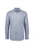 A men's long sleeve button-up shirt in a classic check pattern, featuring shades of blue and white. The shirt has a logo.