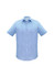 A light blue short sleeve button-up shirt with a single chest pocket and a subtle striped pattern.