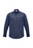 A men's long sleeve button-up shirt featuring a navy and white check pattern, with a chest pocket and a collar.