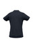 A black women's short sleeve t-shirt featuring a simple design and a logo on the back.