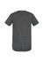 A grey men's T-shirt with short sleeves and a rounded hem, featuring a branding logo.
