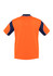 A short sleeve polo shirt in orange and navy, featuring a contrasting design and a logo.