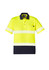 A bright yellow and navy short sleeve polo shirt with segmented reflective tape and a chest pocket, featuring a logo.