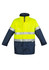 A hi-vis waterproof lightweight jacket in bright yellow and navy, featuring reflective stripes and a logo.