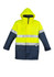 A waterproof lightweight jacket with a bright yellow upper, navy lower, reflective stripes, and a hood. It features pockets and a logo.