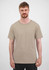 A beige men's short sleeve tee displayed on a male model, featuring a logo on the front.