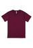 A maroon short sleeve tee with a plain design and a label inside, featuring a logo.