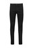 A pair of black stretch jeans with a fitted design and multiple pockets, featuring a logo on the waistband.