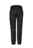 A pair of black women's work pants with a cargo style and elastic cuffs, featuring a logo on the back.