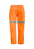 Bright orange waterproof pants with reflective stripes, featuring an elastic waistband and zippered lower legs.