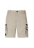 Beige work shorts with side cargo pockets and a logo. Suitable for outdoor use and practical wear.