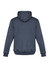 A navy unisex multi-pocket hoodie featuring a hood and ribbed cuffs, with a logo on the sleeve.