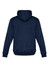 A navy unisex multi-pocket hoodie featuring a hood and ribbed cuffs, with a logo on the sleeve.