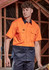 A short sleeve work shirt in bright orange and navy blue, featuring two chest pockets and a logo.