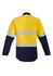 Hi-vis work shirt in orange and navy blue with hoop-taped reflective strips. Features a spliced open front design.