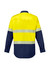 A long sleeve shirt in bright yellow and navy, featuring segmented reflective tape and a logo.