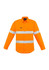 A long sleeve shirt in bright orange with reflective hoop tape across the chest and arms. It features a logo.