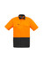 A short sleeve shirt in orange and black with a collar, featuring front pockets and a logo on the chest.