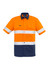 A short sleeve work shirt in orange and navy blue with reflective tape and a logo.