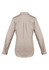 A women's lightweight long sleeve shirt in beige, featuring a back pleat and buttoned sleeves. It has a logo on the collar.