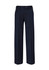 A pair of dark navy women's pants with a straight fit, featuring a waistband and button closure.