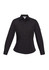 A women's black long sleeve button-up shirt featuring two chest pockets and a fitted design.