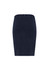 A fitted navy skirt with a back zipper, featuring a sleek, tailored design. Includes branding on the waistband.