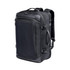 A black travel backpack featuring multiple compartments, adjustable straps, and a durable design. It has a logo on it.