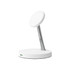 A white Magsafe 2-In-1 wireless charger with a sleek stand and a circular charging pad on top.