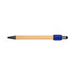 A pen with a bamboo barrel and a blue rubber grip, featuring a logo on the barrel.