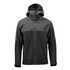 A men's rain jacket in dark green and black, featuring a hood and zippered pockets. Includes a logo on the design.