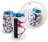 A drink can cooler featuring a colourful abstract design, with a magnetic side for attachment.