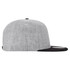 A grey cap with a black peak and an unidentified logo on the side.