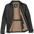 A black work jacket with a beige fleece lining and multiple pockets, featuring a logo on the inside label.