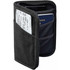 A black RFID passport wallet featuring multiple card slots and a pocket for a passport and travel documents.