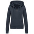 A women's active sweatjacket in dark grey, featuring a zip-up front, hood, and pockets. It includes a logo.