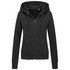 A women's active sweatjacket in black, featuring a hood, zip front, and front pockets. It has a logo on the side.