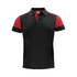 A black and red polo shirt with a collar, short sleeves, and a logo on the chest.