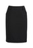 A black wool stretch skirt with a multi-pleat design and pockets, featuring a waistband and a sleek silhouette.