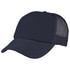 A navy foam mesh trucker cap featuring a solid front and breathable mesh sides, with a logo present.